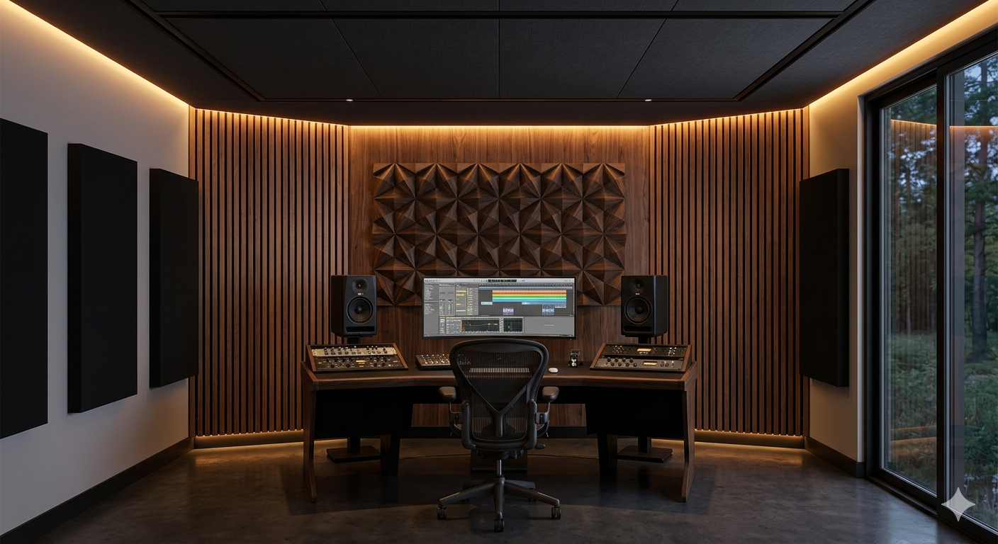 Professional recording studio interior with mixing desk